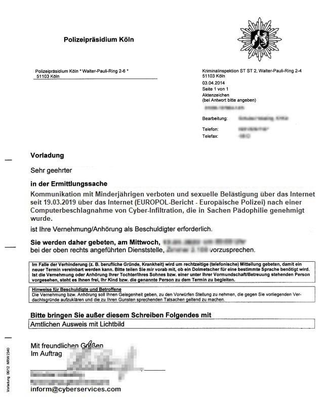 Die gefälschte Vorladung der Polizei Köln