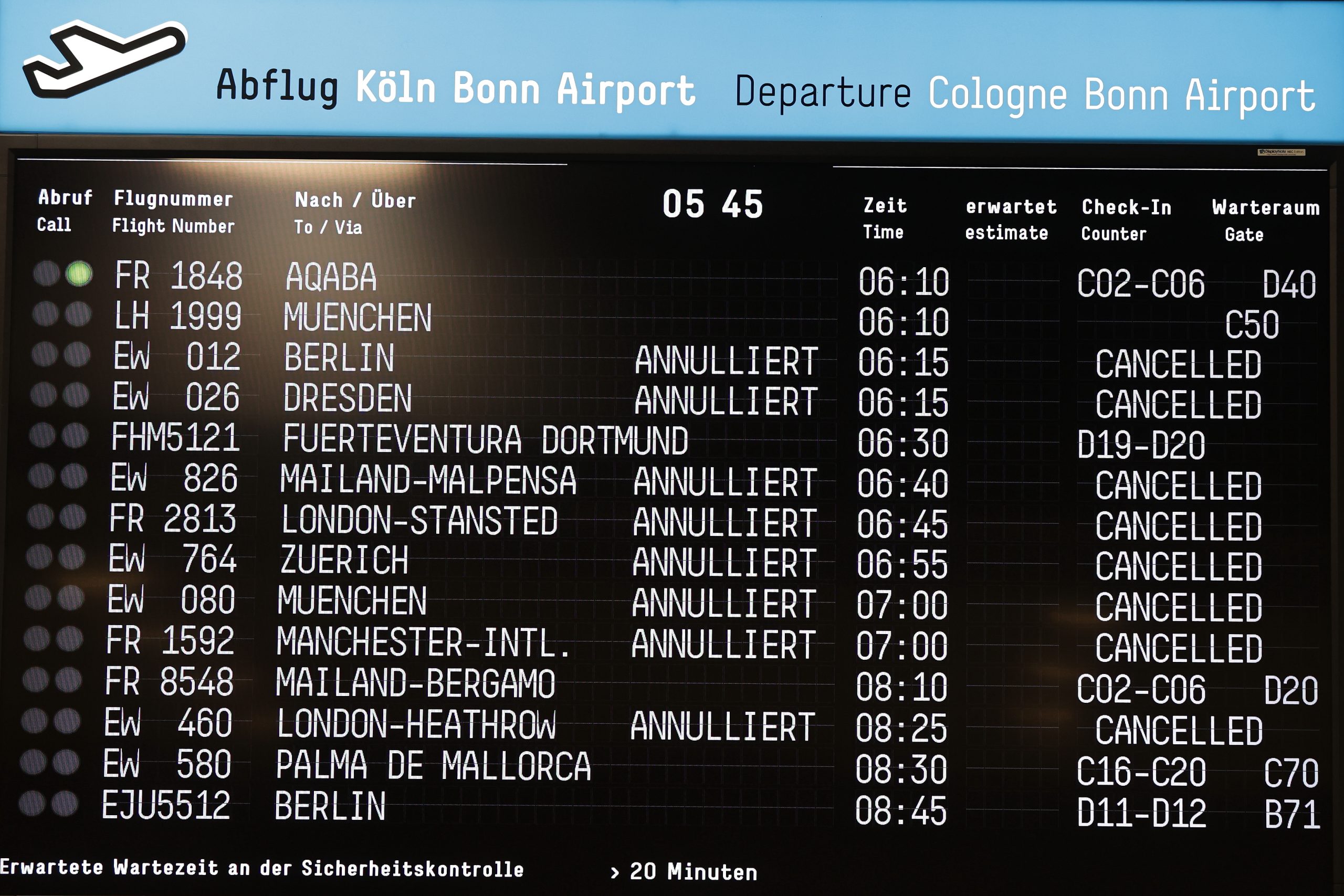 Flughafen Köln/Bonn – diese Flüge fallen heute aus (Mittwoch, 30. August)