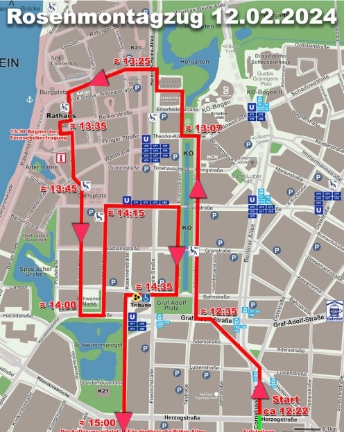 Die Strecke des Rosenmontagszugs in Düsseldorf 2024