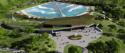 So soll der Krefelder Surfpark einer ersten Visualisierung zufolge nach der Eröffnung 2024 aussehen.